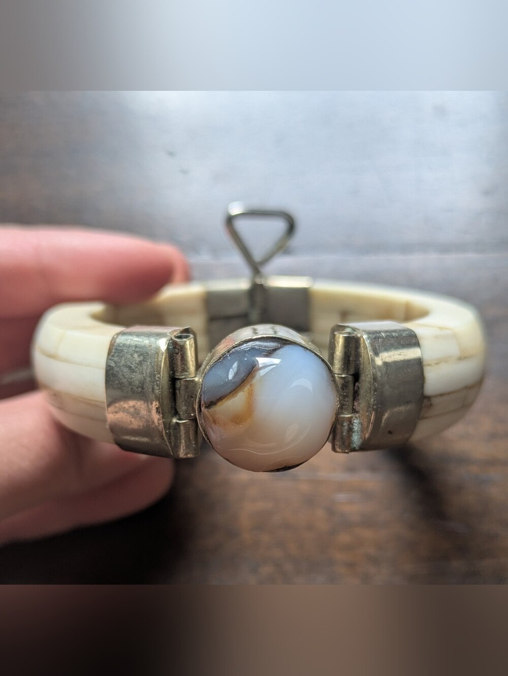 Vintage Bone Bangle Bracelet With Brass Hinges & Round White Agate Stone